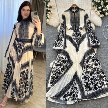 American European Style Fashion Women's Casual Trendy Elegant Pleated Dress High Quality Long Sleeve Printed Ankle Length Dress