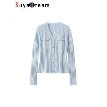 SuyaDream, Woman Cardigan, Single Breasted Silk Blend, Ribs Thin Knitwear, 2026 Spring Summer Casual Outwears, Pink, Sky blue
