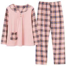 Pyjamas Female Lattice Stitching Soft Cotton Fashion Women Long Sleeve Pajamas Set 2Piece/set Sexy Spring Home Lounge Gift XXXXL