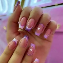 24 teile/satz Französisch Weiß Herz Lila Grenze Tragen Wieder Verwendbare Falsche Nägel Kunst Nahtlose Abnehmbare Volle Abdeckung Drücken Sie Auf Gefälschte Nägel