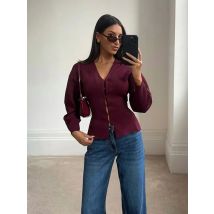 HH Cappotti eleganti lavorati a maglia da donna Moda Cardigan sottile con scollo a V rosso bordeaux Autunno Office Lady Chic Solid Capispalla a maniche lunghe