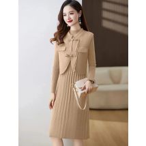 Advanced Autumn Winter Dress Set Women Fashion Knitted Dress + Sleeveless Vest 2PCS Elegant Office Lady Long Sweater Suit Outfit