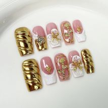 10Pcs Mid-length Coffin Square Luxurious False Nails with 3D Golden Rose Stars Stick on Nails Artificial Nails Reusable Manicure