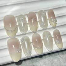 Handgefertigte wiederverwendbare Nägel zum Aufdrücken, französische Mandelform mit errötenden Perlen, Stahlperlen, künstliche Nägel, süße, sanfte Gel-Nagelkunst für Frauen