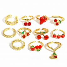 AENSOA Summer Strawberry Cherry Pattern Cuff Ring Various Advanced Oil Drop Stainless Steel Plated Gold Women's Jewelry Gifts
