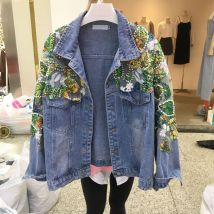 Luxus Frühling Herbst Frauen Diamanten Perlen bunte Denim Bomber Pailletten Jacke lose Blumen stickerei Jeans Mantel Streetwear Tops