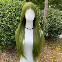 Grüne 13X4 synthetische Lace-Front-Perücken für Frauen, 66 cm lange, seidige, gerade Spitzenperücken, halb handgebunden, 150 % Dichte, ohne Kleber