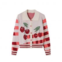 Retro Striped Plaid Contrast-Color Knit Cardigan Cute Cherry Print Polo-Neck Embroidery Knit Outwear Women's Elegant Blouse