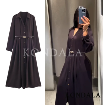 KONDALA Fall Elegant Belt Long Dress Women's Vintage Coffee V-Neck Slim Dress 2025 Autumn Fashion Dinner Party Ladies Dress