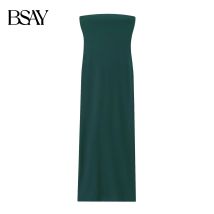 BSAY Damen-Kleid mit Saum und Schlitz, modisch, Herbst, neuer Artikel 2025, schmale Passform, gerader Schlauch, langes, trägerloses, offenes Schulterkleid
