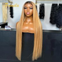 Knochengerade, leimlose Perücke, Echthaar, vorgezupft, bereit zum Tragen, Ombre 27, 30, farbig, 13 x 4, transparente Spitze-Front-Perücke für Frauen