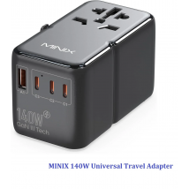 Adattatore da viaggio universale MINIX da 140 W, adattatore di alimentazione internazionale GaN3, 3 porte USB-C 1 USB-A, presa CA, in tutto il mondo USA/Regno Unito/UE/A