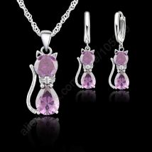 Heiße Mode Silber CZ Schmuck Sets 925 Silber Nette Katze Geformt Halskette Hoop Ohrring Set Für Frauen/mädchen Geschenke