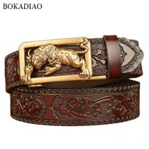BOKADIAO Herren Echtes Leder Gürtel Luxus Gold Tiger Metall Automatische Schnalle Rindsleder Gürtel für Herren Jeans Bund Herrenband Schwarz