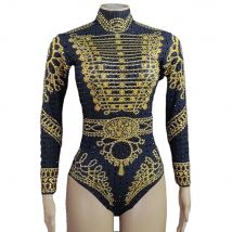 Sparkly Gold Black Rhinestones Leotard Long Sleeve Female Performance Dance Costume Singer Show Stage Wear Nightclub Outfit
