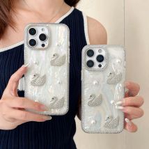 Luxuriöse 3D-Handyhülle mit schwarzem Schwanen-Glitzer-Strass-Shell-Muster für iPhone 17, 16, 14, 13, 12, Pro Max, 15 Plus, stilvolle Bling-Abdeckung