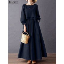 ZANZEA Casual Chic Maxi Dresses Womens Fake Two-Piece Boatneck Lantern Sleeve Solid Color A-Line Long Dress Autumn Retro Clothes