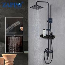 ZAPPO Matte Black Bathroom Shower Set Wall Mounted 3 Ways Rainfall Shower System with Shower Shelf Swivel Bathtub Mixer Tap