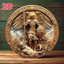 2D-Schild im Retro-Stil zum Aufhängen an der Wand: Goldener Erzengel St. Michael mit Schwert über einem Teufel – ideal für Zuhause, Raumdekoration