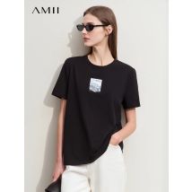 Amii Minimalismus 2025, T-Shirt für Damen, Frühling, neuer O-Ausschnitt, lässig, Baumwolle, Stickerei, Basics, kurzärmelig, modische Tops für Damen 12422080