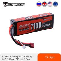 Batteria Lipo SUNPADOW 2S 7.4V 7100mAh 70C con custodia rigida e connettore Deans T per veicoli RC 1/8 1/10, auto, camion, carri, barche, modellismo e hobby.