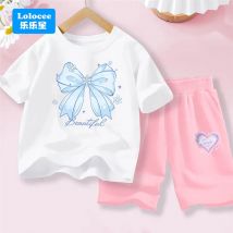 Sommer-Set für Mädchen: Schnee-Schleife – bedrucktes T-Shirt + Herz-Shorts, 2-teilige Anzüge, modisches Baumwoll-Outfit für Kinder