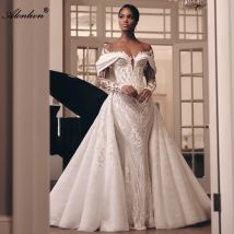 Alonlivn Abito da sposa a sirena 2 in 1 in pizzo di lusso su misura con perline ricamate con collo a illusione e tromba