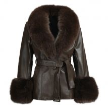Jaxmonoy Damen Echt leder Trenchcoat mit echtem Fuchs Pelz kragen Damen Schaffell Mantel Herbst Winter Oberbekleidung weibliche Mode