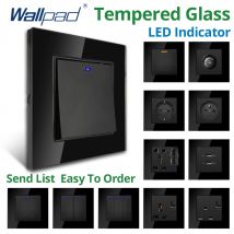 Wallpad Interruttore della luce da parete con presa europea Indicatore LED Presa USB Pannello in vetro temperato cristallo nero 1/2/3 Gang 2 vie AC110 220V