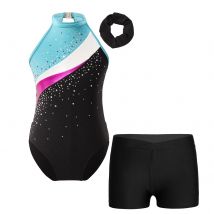 Maglia da balletto per bambina con strass, ginnastica, pattinaggio artistico, costume da ballo scintillante, tuta con pantaloncini da bicicletta