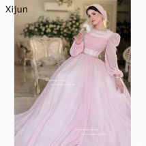 Xijun Bescheidene rosa Chiffon-Abendkleider, muslimische Perlen, Kristall-Abschlussballkleider, A-Linie, quadratischer Kragen, lange Ballkleider 2025, individuell