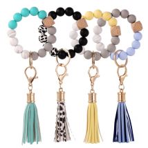 Silikon Keychain Für Schlüssel Quaste Holz Perlen Armband Schlüsselring Für Frauen Zubehör Multicolor Keychain Großhandel Heißer Verkauf 2022