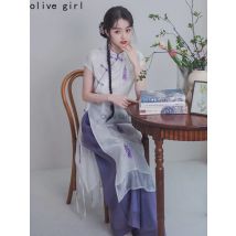 Cheongsams Exquisite Qipao Weibliche Schauspielerin Eleganter Stil Kleid Zen Teekleid Weite Beinhosen Zweiteiliges Set Chinesisches Kleid Qipao