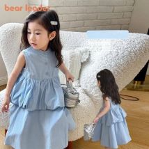 Bär Führer Sommer Neue Einfarbig kinder Kleidung Koreanische version Blau Rüschen Weste Kleider Patchwork Casual Mädchen Kleid