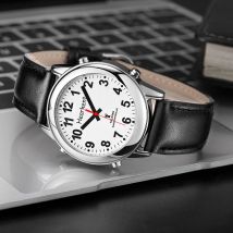 Classics Lederarmband Quarzuhr Herrenuhr mit englischer Sprechzeit Kalender Wecker Ältere Armbanduhr Originaluhren