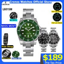 Cronos Sub Diver Herrenuhr, Edelstahl, NH35, gebürstetes Armband, Keramiklünette, 200 Meter, NO DATE Glideclasp L6015M