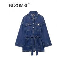 2024 herbst Vintage Denim Jacke Frauen Lose Schärpe Krawatte Up Mid Länge Denim Mantel Y2k High Street Casual Chic Tops