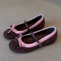 Sweet Bowknot Decoration Ballet Flats Women Autumn Round Toe Suede Patchwork Mary Jane Shoes Comfortable Soft Sole Casual Shoes