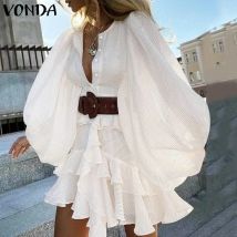 VONDA Rüschenkleid Damen 2026 Lässiges Einfarbiges Sommerkleid Böhmisches Mehrlagiges Rüschenkleid Lockeres Strandkleid mit Laternenärmeln