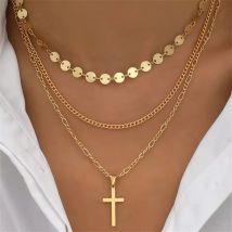 Mode Gold platte künstliche Perlenkette Kristall Stern Kreuz Pailletten Anhänger Halskette für Frauen weiblichen Vintage mehrstufigen Schmuck