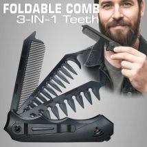 3-in-1-Klappkamm, tragbarer Taschen-Bartkamm, Taschenformat für Reisen, schwarzer Kunststoff-Schnurrbart-Haarkamm für die Pflege unterwegs