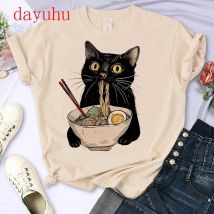 Frauen Nudel Ramen Katze T-Shirt Foodie Liebhaber T Shirts Schwarze Katze Nudel T-Shirts Retro Casual Kurzarm T-shirt Frauen Kleidung