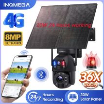 INQMEGA telecamera ad energia solare 4K 8MP 36X Zoom ottico 20W telecamera di sorveglianza esterna PIR rilevamento umano con luce di allarme