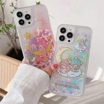 Phone Case For IPhone 16 15 14 13 12 11 Pro Max 14Plus Liquid Glitter Quicksand Acrylic Back Cover Funda Twin Stars Kitty Melody