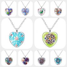 New Murano Millefiori Heart Pendant Necklace MultiColour Flower Glass Cabochon Necklace Jewelry For Women Men Gift Wholesale