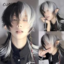 OLACARE Short Mullet Head Wigs with Bangs Synthetic Straight Anime Men Black White Gray Green Hair Wig for Daily Party Cosplay
