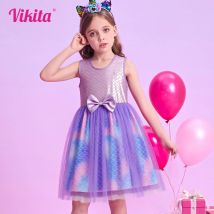 VIKITA Mädchen Meerjungfrau Print Kleid Kinder Sommer ärmellose Kleider mit Schleife Knoten Mädchen Prinzessin Party Abendkleid Strand Urlaub Kleid