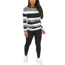 Autumn and winter women's striped round neck long sleeved T-shirt long pants two-piece sports and leisure set