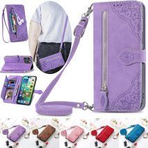 Crossbody-Reißverschluss-Leder-Brieftaschen-Kartenfach-Hülle für iPhone 15 14 13 12 11 16 Pro Max Plus SE 2022 X XR XS Lanyard Strap Cover