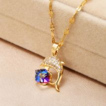 Neue Design Sinn Bunte Kristall Delphin Anhänger Edelstahl Halsketten Für Frauen Koreanische Mode Süße Sexy Weibliche Schmuck